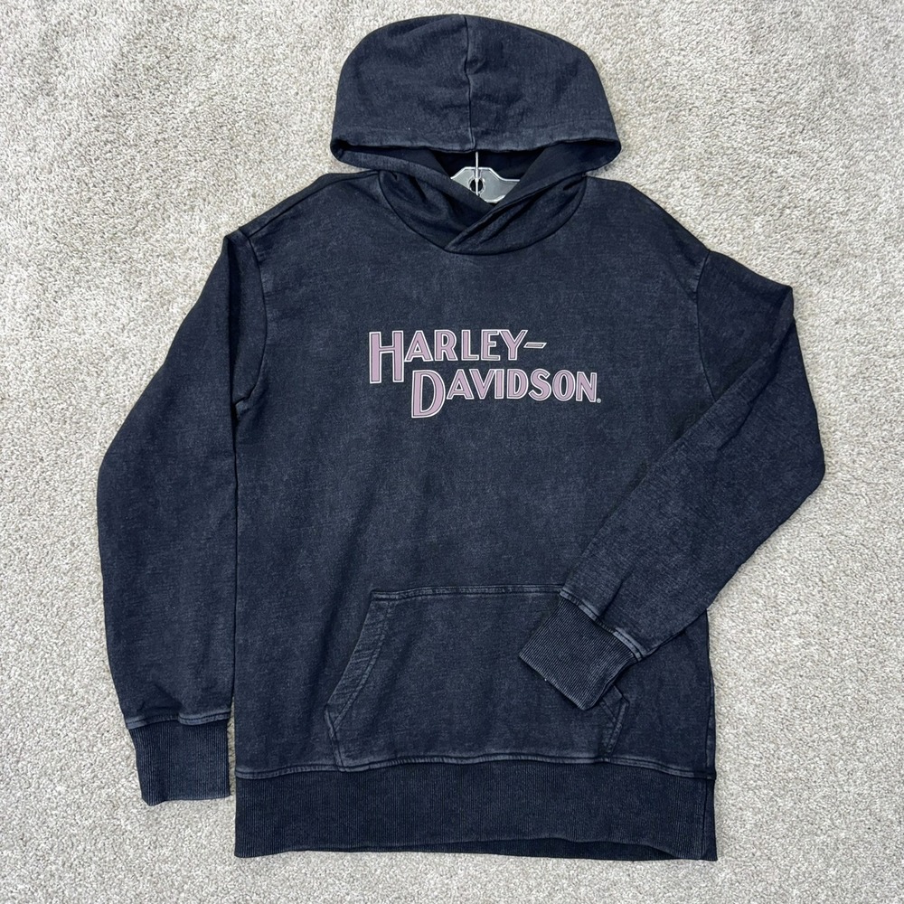 Harley-Davidson Hoodie Mens M Black Acid Wash Graphic Logo EUC